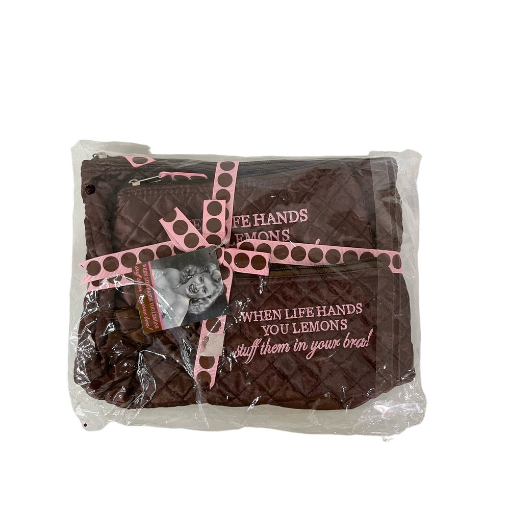 Boutique Travel Bag Set When‎ Life Gives You Lemons Novelty Print Brown Quilted